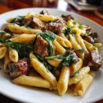 Cremige Knoblauchbutter-Rindfleisch-Penne mit Wurst und Spinat