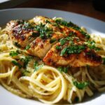 Goldene Knoblauchbutter-Hühnchen mit cremigen Parmesan-Linguine