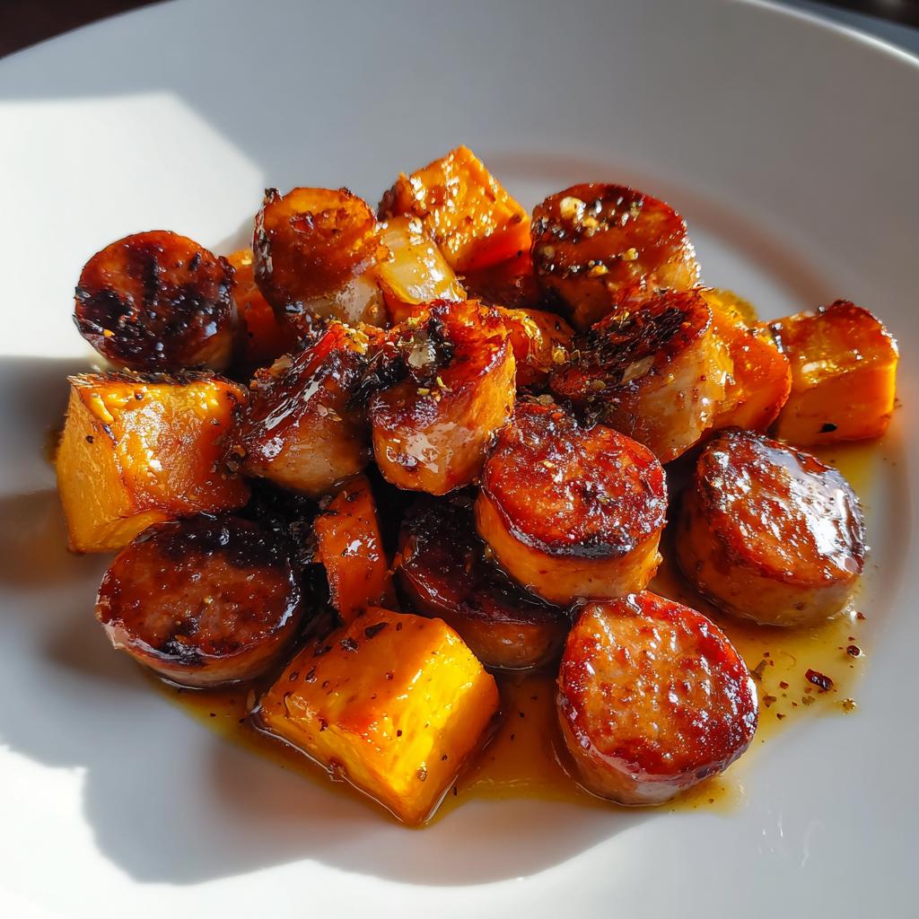 Wurst und Süßkartoffeln mit Honig-Knoblauch-Sauce